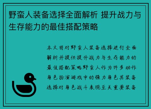 野蛮人装备选择全面解析 提升战力与生存能力的最佳搭配策略