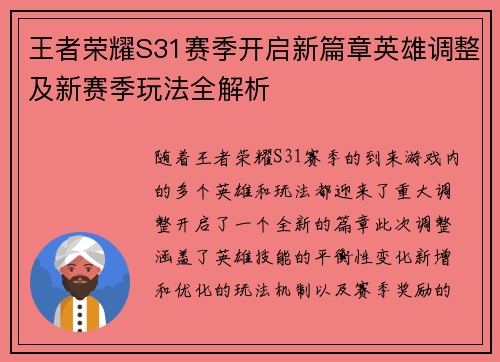 王者荣耀S31赛季开启新篇章英雄调整及新赛季玩法全解析