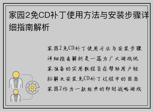 家园2免CD补丁使用方法与安装步骤详细指南解析